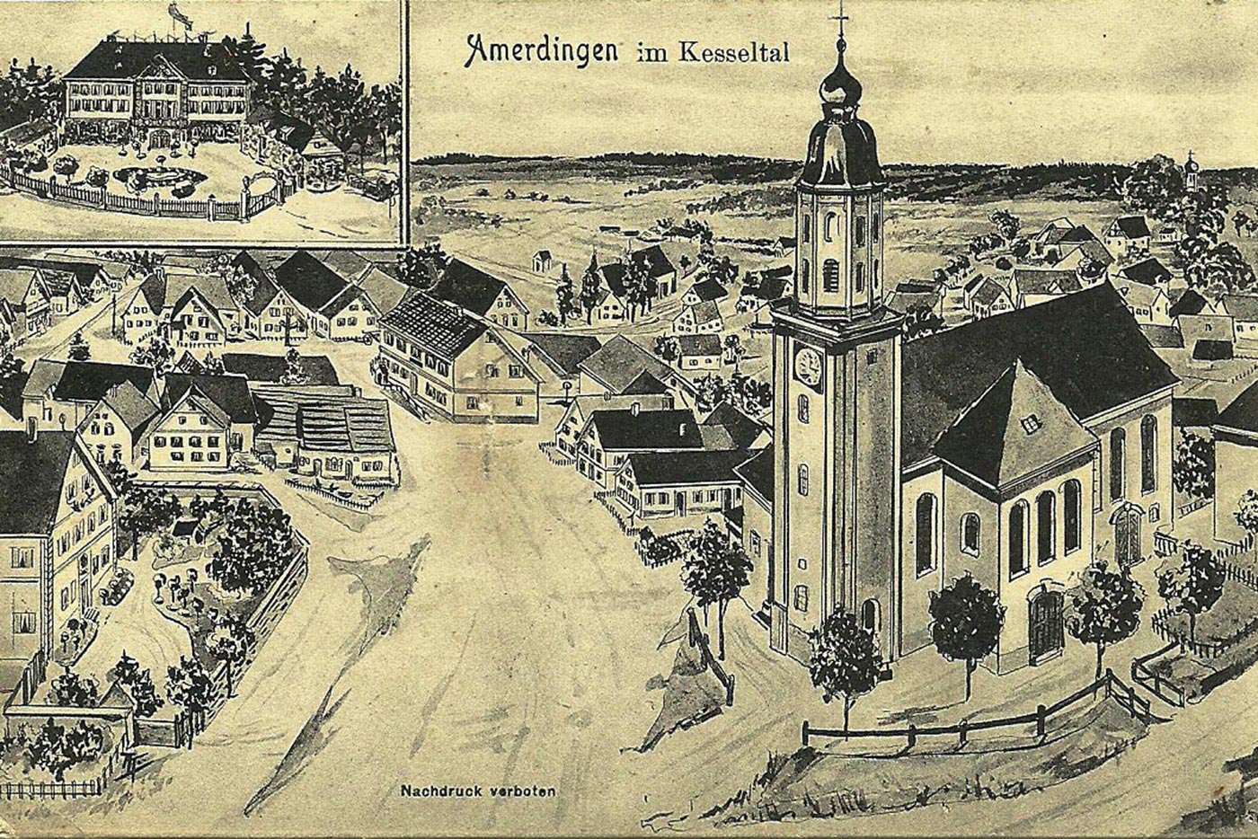 Postkarte gezeichnet von Lehrer Jungbauer